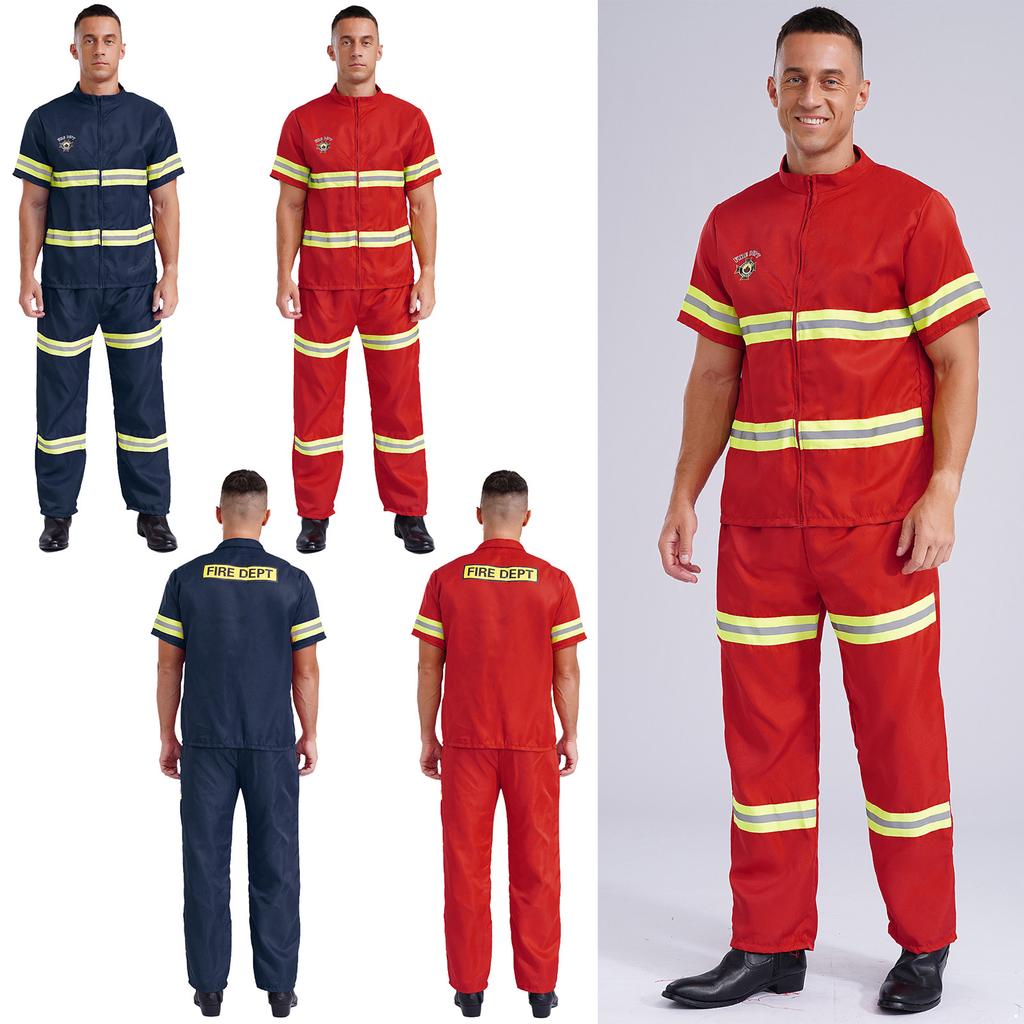 Mens Firefighter Costume Set 4 Piece Plastic Helmet Short Sleeve Jacket Pants Belt Reflective Stripes