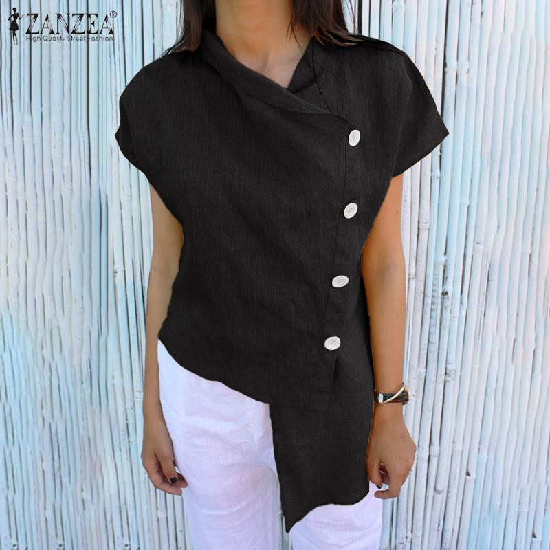 ZANZEA Bluză casual de vară cu mânecă scurtă și guler în V pentru femei, cu tiv neregulat