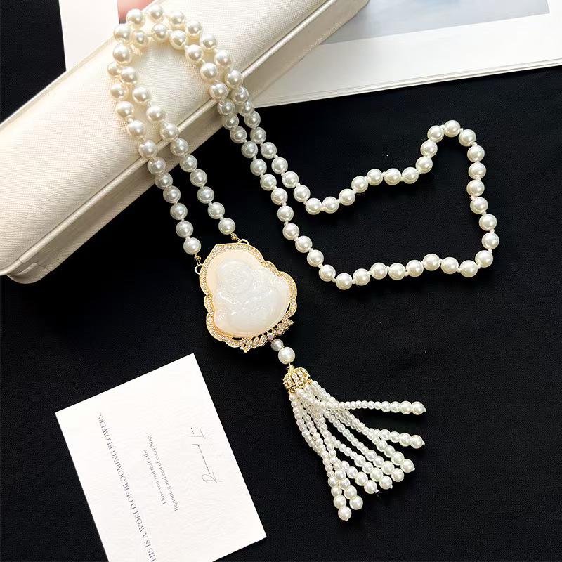 New Luxury Oval Cat's Eye Stone Pearl Sweater Necklace Pendant