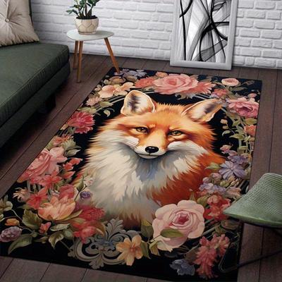 Floral Fox Rug for Elegant Homes - Add a Touch of Nature To Your Interior | Beautiful Animal Print Carpet Skid Resistant Carpet