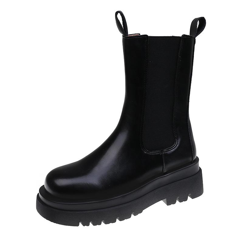 Black thick-soled 2025 spring and autumn new versatile British style high boots Chelsea cigarette short boots