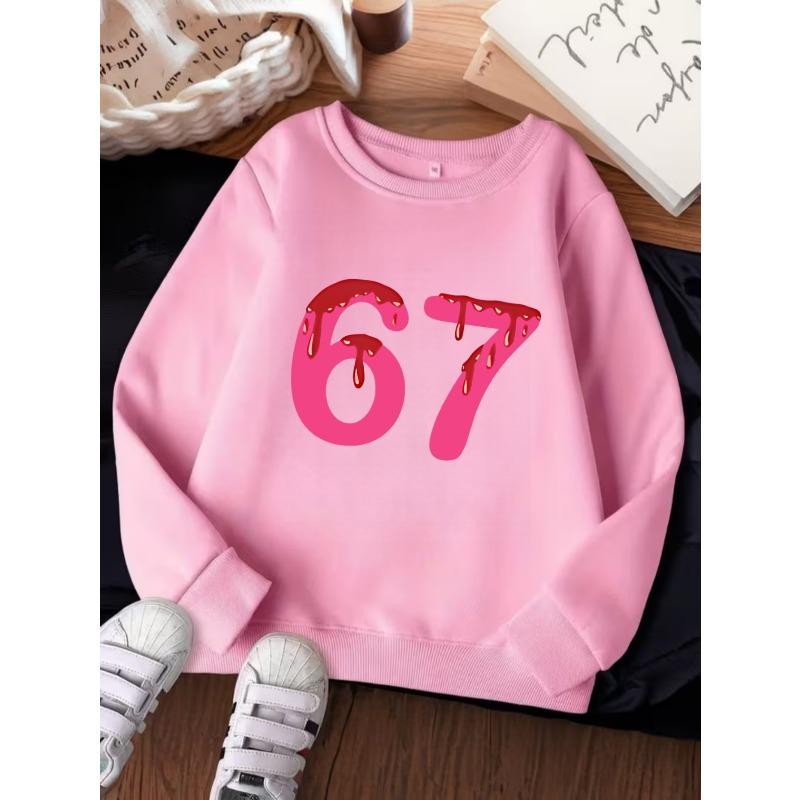 Unisex Kids Crewneck Sweatshirt For Over 4 Years Old Boys Girls Simple Pink Red Drip Melting Number 67 Graphic Soft Pullover Top For 4-12 Children