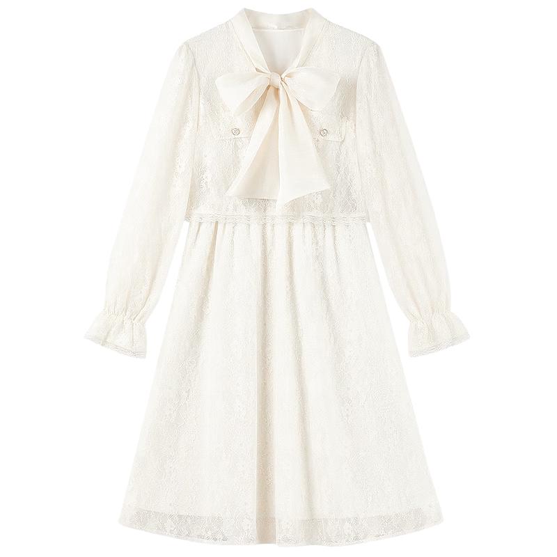 Elegant Bow Lace French Midi Dress