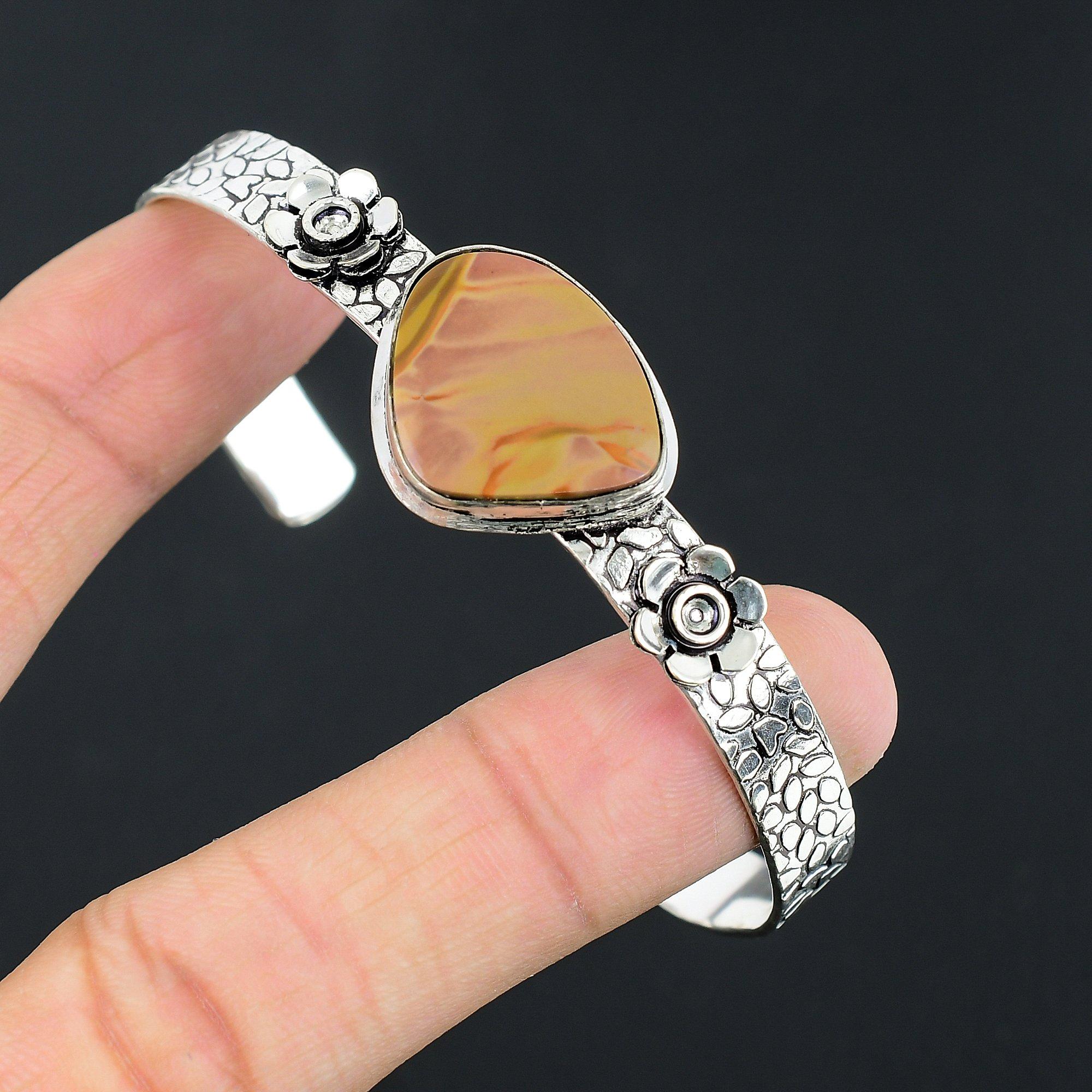 

Womens day Sale Sterling Silver Landscape Jasper Gemstone Flower Bangle Bracelet Adjustable