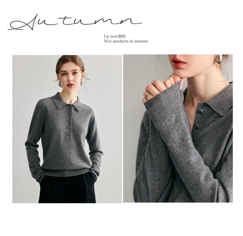 Women's 100% Pure Cashmere Polo Collar Sweater - Autumn/Winter Long Sleeve Loose Knitted Pullover