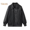 Lady Retro Coat Pure Color Turn-down Collar Zipper Closure Elastic Cuff And Hem Faux Leather Motocycle Jacket Outdoor Travel Coat