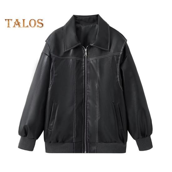 Lady Retro Coat Pure Color Turn-down Collar Zipper Closure Elastic Cuff And Hem Faux Leather Motocycle Jacket Outdoor Travel Coat