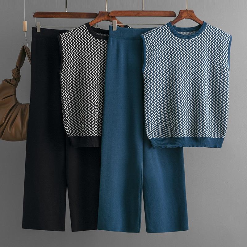 Fashion suit women's new sleeveless striped knitted sweater top two-piece set high-waisted straight wide-leg pants