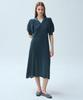 Waiowai Contrast Collar Puff Sleeve Pleated Long Dress_2 Colors