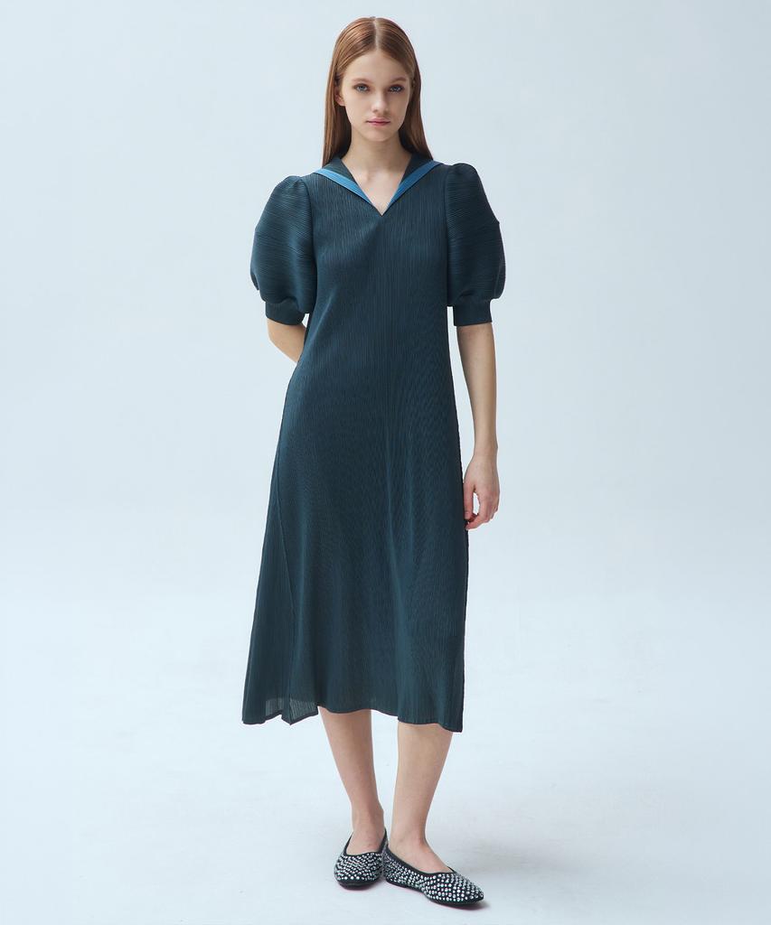 Waiowai Contrast Collar Puff Sleeve Pleated Long Dress_2 Colors