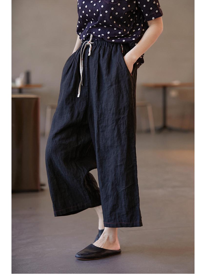 Women s Retro Wide-Leg Black Linen Pants with Elastic Waist Large