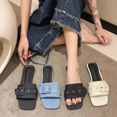 Wearing Sandals and Slippers for Women 2024 New Summer Square Toe Beach Slides Versatile Denim Blue Square Buckle Flat Shoes
