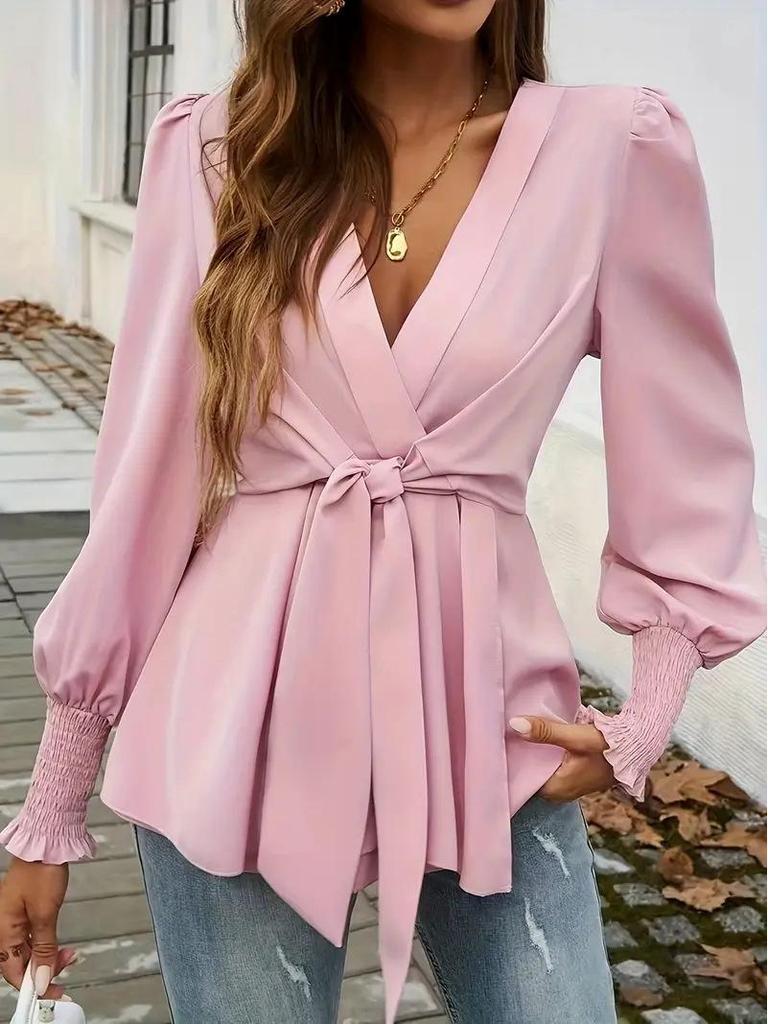 2026 Autumn Elegant V-Neck Lace-Up Waist-Cinching Solid Color Women's Shirt