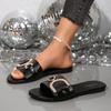 Women'S Glittery Rhinestone-Embellished Black Slide Sandals -Comfortable Flat Sole, Open-Toe Summer Slippers for Casual & Outdoor Wear, Ladies Sandals