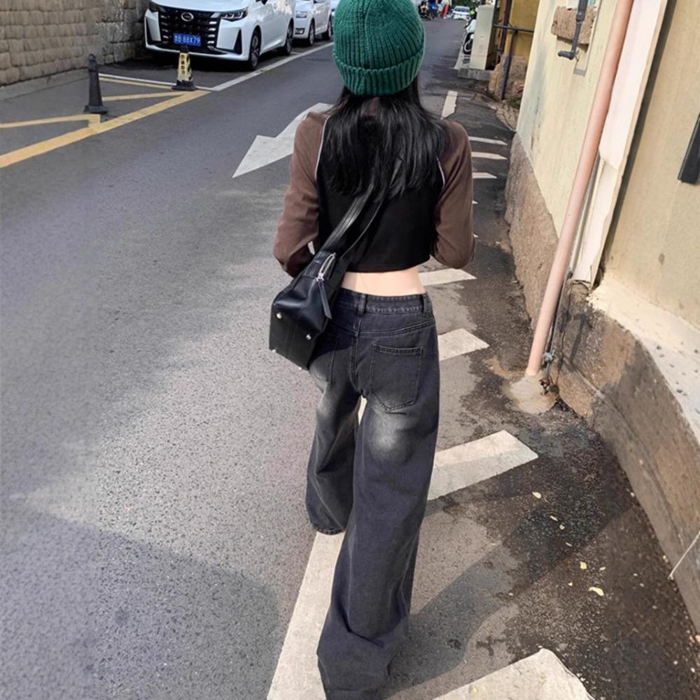 Women's High Waist Wide Leg Jeans Vintage Washed Straight Denim Pants Loose Draped Floor Length American Retro Casual Trousers