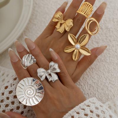 Cold Wind Bow Open Ring, Metal Wind Texture Flower Imitation Pearl Ring Jewelry