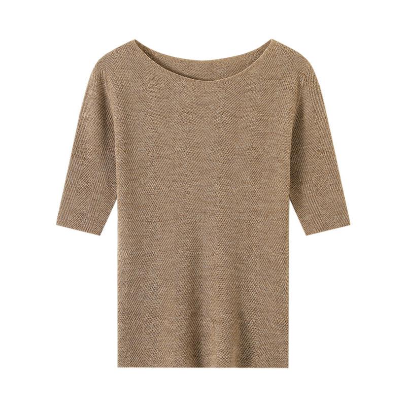 Ultra-Fine Pure Wool Women's Slim-Fit Fishbone Pattern One-Shoulder Mid-Sleeve Base Layer Shirt