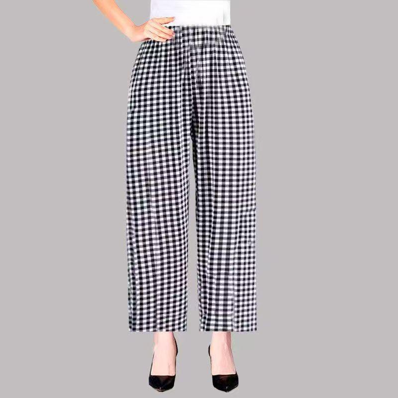 Plus Size Breathable Floral Nine-Point Pants for Mid-Aged and Elderly Women - Summer Ice Silk, Loose Straight Leg Design