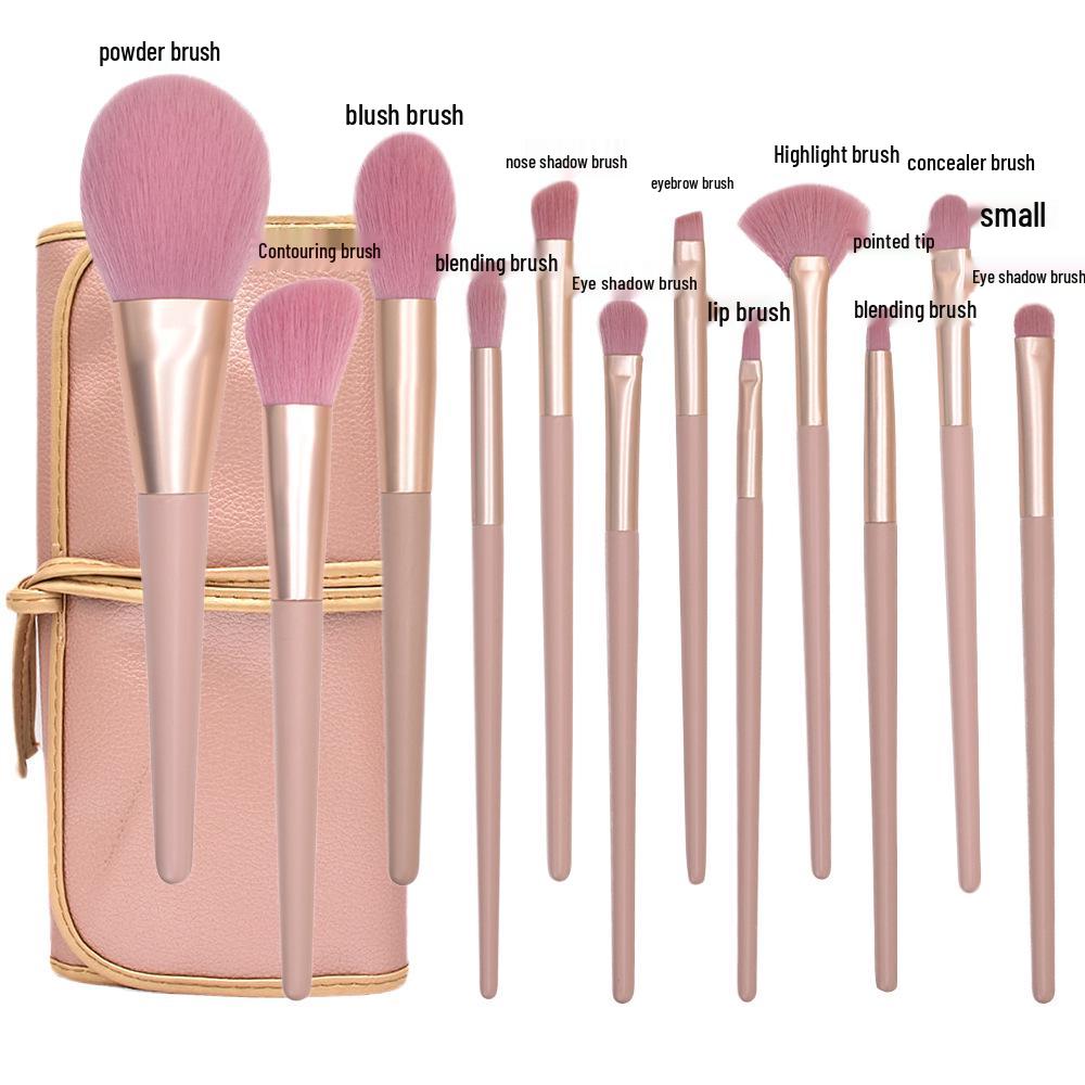 8/12-Piece Pink Makeup Brush Set for Beginners: Includes Soft Bristle Powder, Eyeshadow, and Angled Eyeliner Brushes.