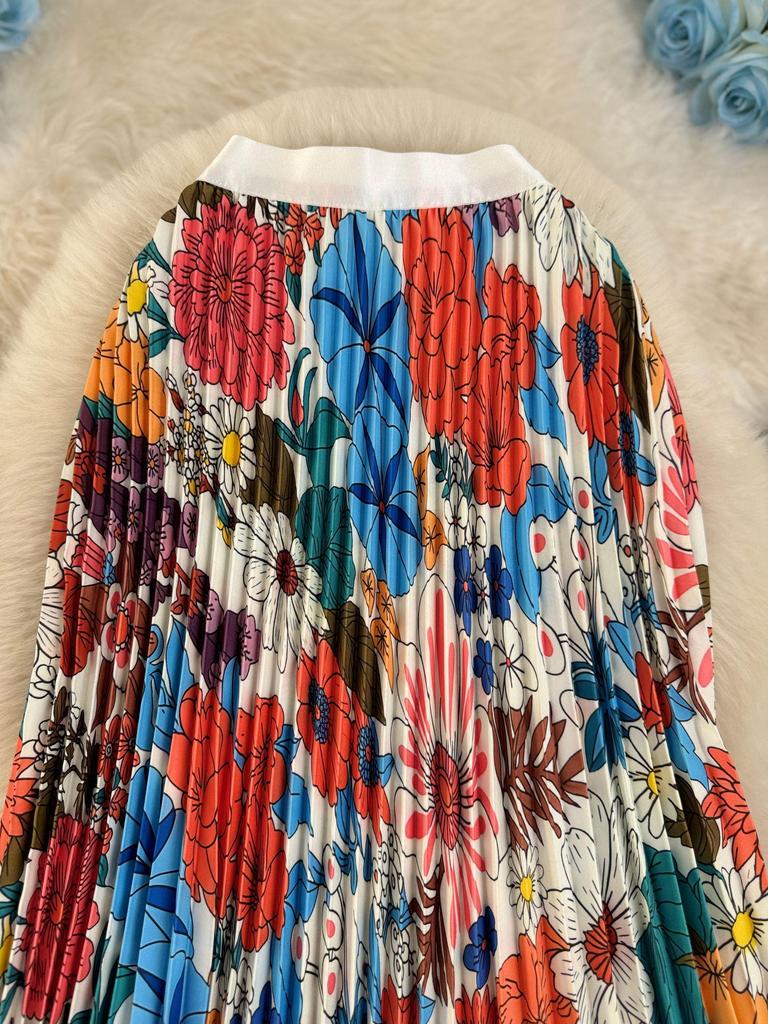 Women's 3D Print Pleated A-line Midi Skirt