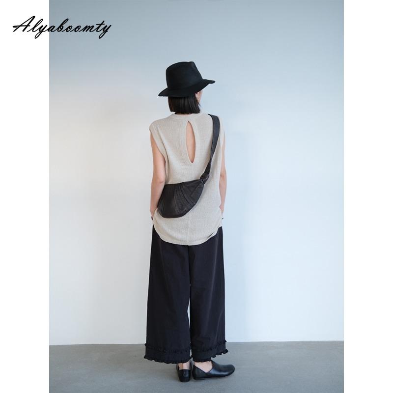 Korean Fashion Spring Summer Women Wide Leg Pants High Waist Black White Basic Cotton Capris Casual Loose Ruffles Trousers