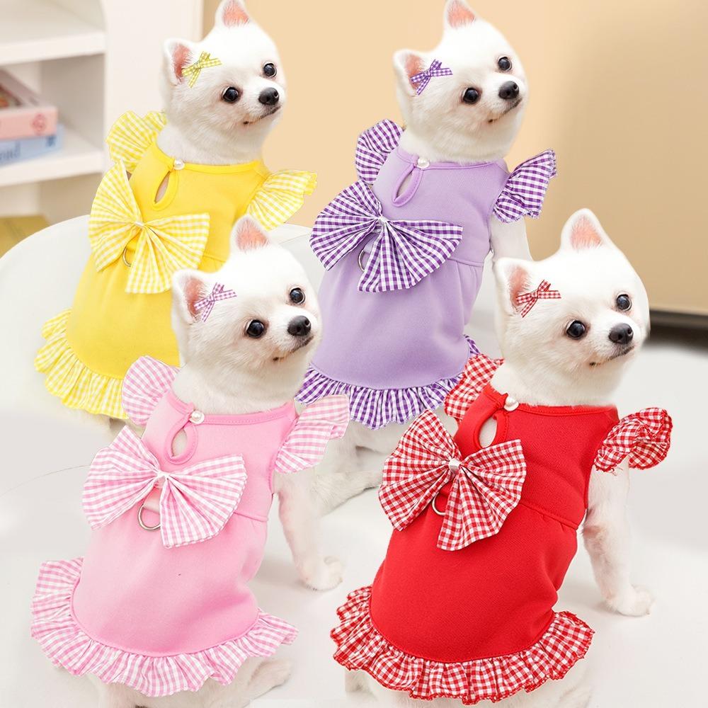 Bow Plaid Summer Dog Skirt Polyester Pet Clothing New Puppy Princess Dress for Cats Kitten