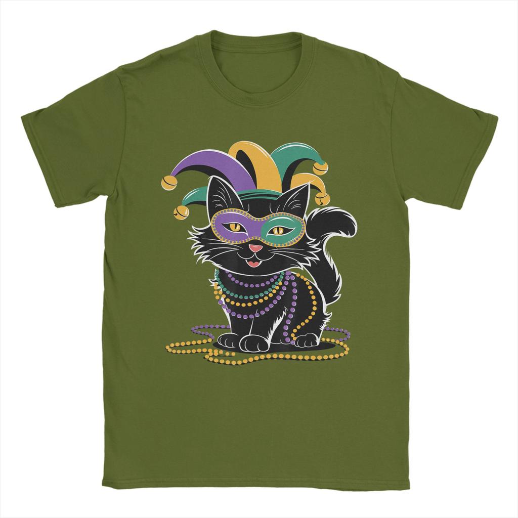 Cute Mardi Gras Cat T Shirts for Unisex Cotton Funny TShirt Round Neck Tees Short Sleeve Clothing Printed