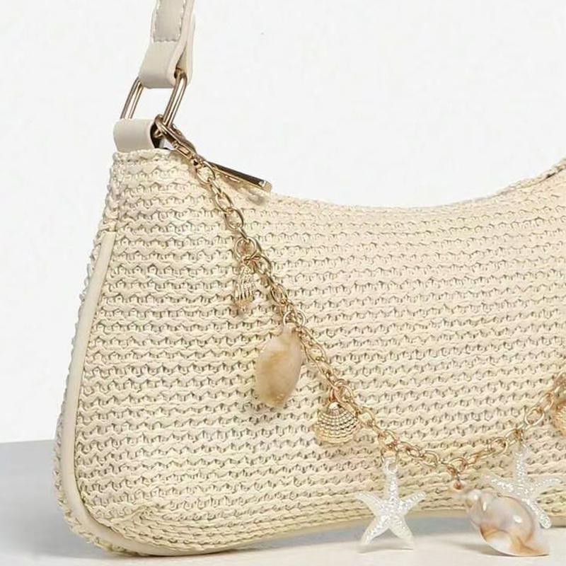 Yogodlns Summer Straw Handbag Purse Chic Weaving Shoulder Bags with Seashell Embellishments Tote Bag for Women Vacation