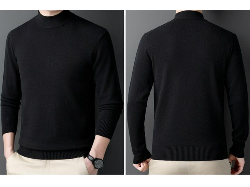 Men's 100% Cashmere Mid-Neck Black Sweater - Thickened Winter Base Layer