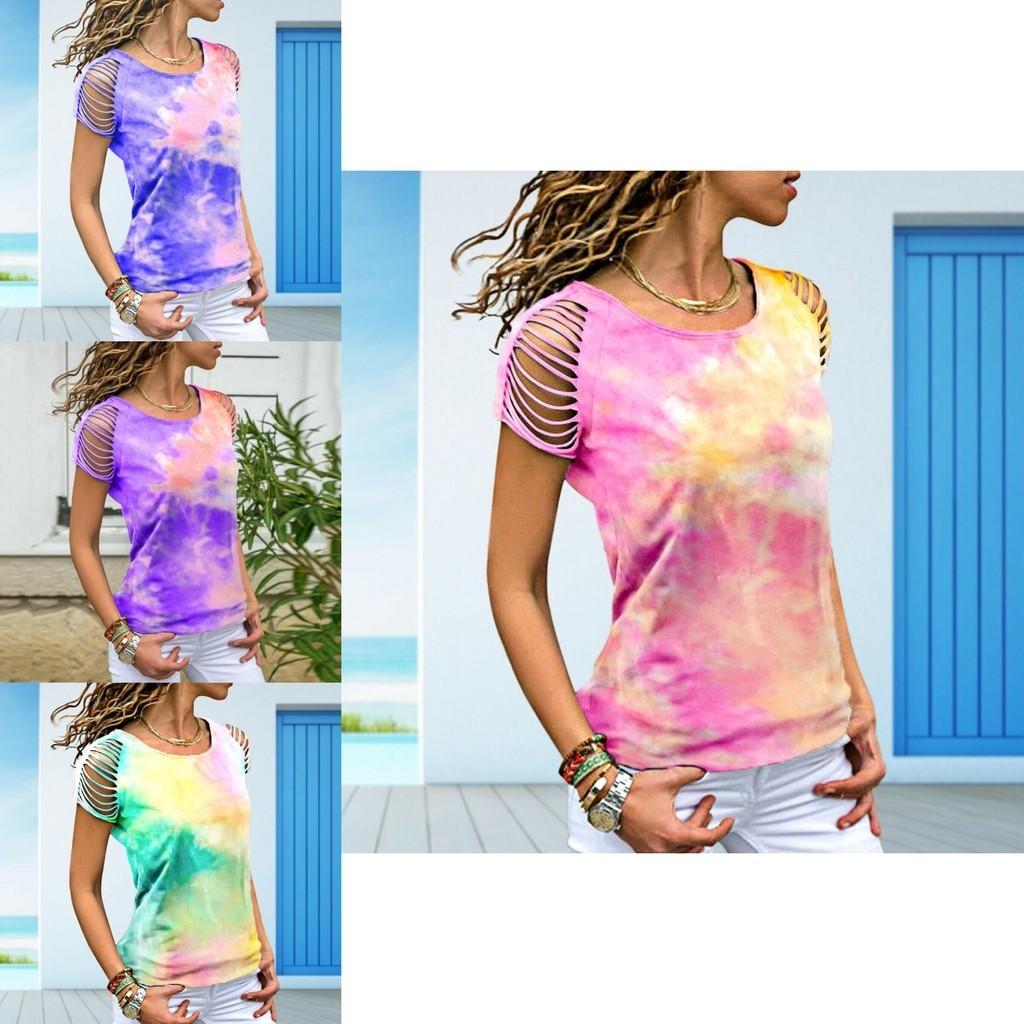 Womens Vibrant Tie-dye Printed Tops Casual Short Sleeve Blouse Perfect For Summer