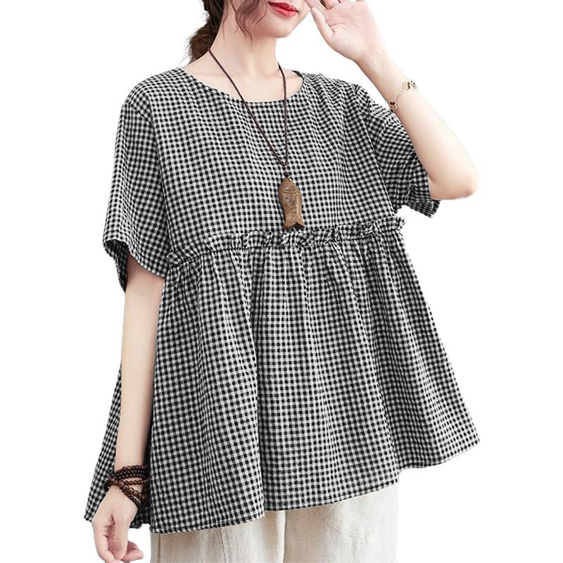 ZANZEA Women Casual Round Neck Summer Short Sleeve Plaid Print Blouse