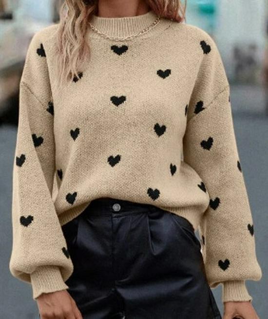Women's European & American Autumn/Winter Heart Knit Pullover - Long Sleeve, Round Neck, Casual Style