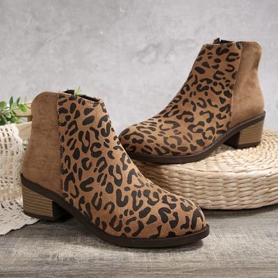 Women's Leopard Print Ankle Boots Chunky Low Block Heel Round Toe Back Zipper Soft Lining Arch Support Rubber Sole Fall Winter Casual Semi-Formal