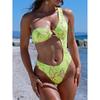 Costume Intero Donna Sexy Stampa Pelle di Serpente Verde Lucido Monospalla Taglio Cut-out Tanga Bikini Costume da Bagno per la Spiaggia