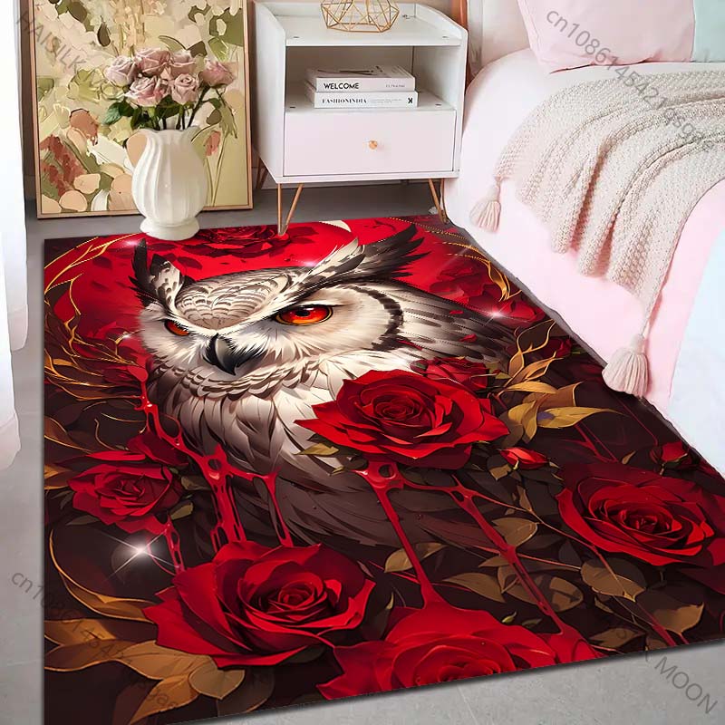 1PC Owl and Red Roses Pattern Rug Carpets for Bedroom Living Room Sofa Mat Creative Door Mat Cloakroom Home Decor