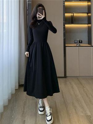 Damen Schwarzes ausgestelltes Midi-Kleid - Halboher Kragen, Langarm, Französischer Hepburn-Stil, Herbstkollektion.