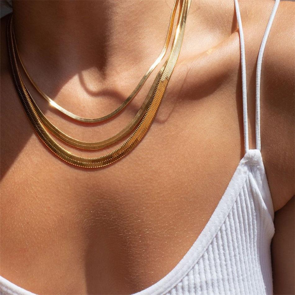 Hot Sale Gold Plated Snake Chain Silver Cartilaginous Flat Herringbone Stainless Steel Necklace Jewelry for Women Men Gifts