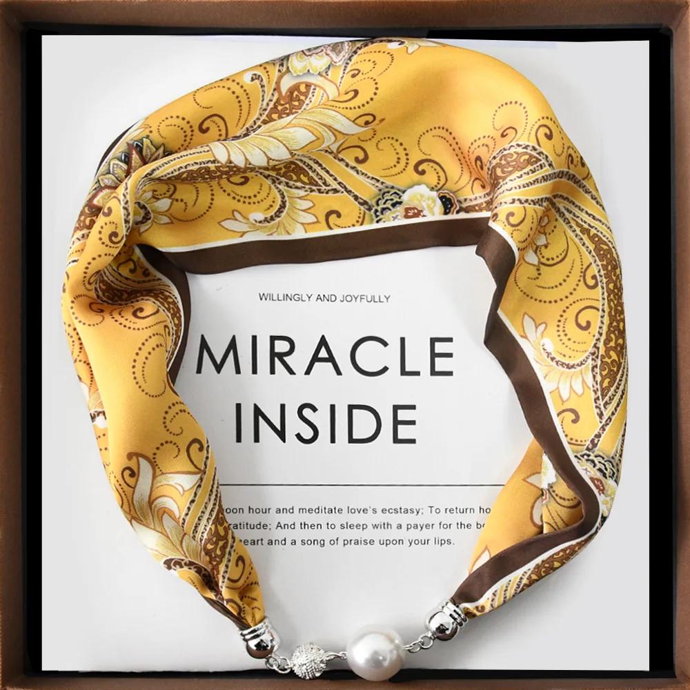 Chinese Retro Multi-Functional Magnetic Women'S Silk Scarf Small Strip Diamond Magnetic Buckle Small Scarf