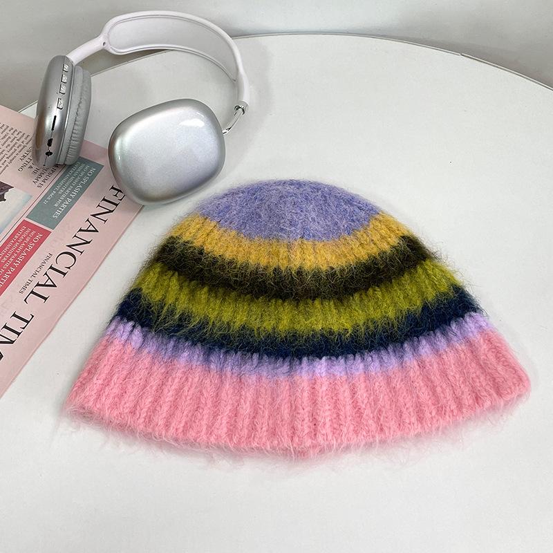 Japanese Colorful Striped Dopamine Plush Fisherman Hat Women's Autumn and Winter Warm Ear Protection Woolen Hat Niche Basin Hat