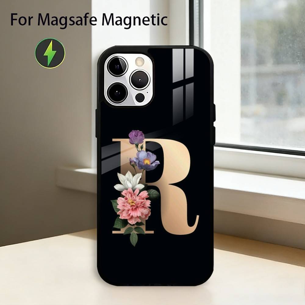 Flowers Initial L-Letter Phone Case For iPhone17,16,15,14,13,12,11 Plus,Pro Magnetic For Magsafe Wireless Charging