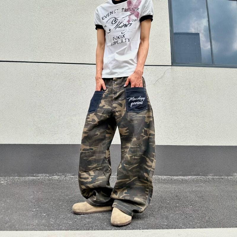 Herren lockere Camouflage gewaschene Jeans mit aufgesetzter Tasche, geradem Bein, lässige Jeans