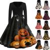 Women's Casual Halloween Printed V Neck Vintage Dress Long Sleeve Retro Fit and Flare Knee Length Dress with Belt and Halloween Pumpkin Design