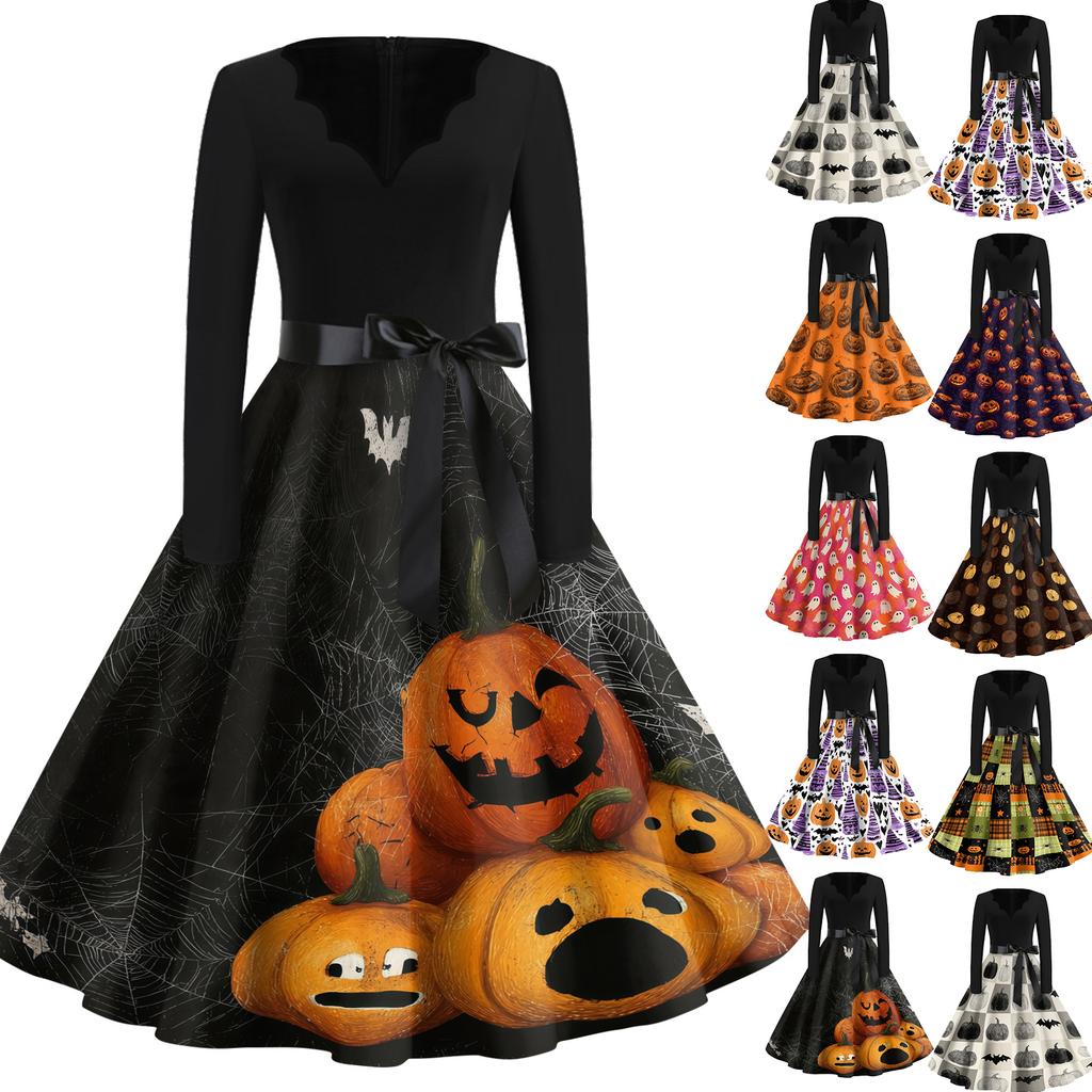 Women's Casual Halloween Printed V Neck Vintage Dress Long Sleeve Retro Fit and Flare Knee Length Dress with Belt and Halloween Pumpkin Design