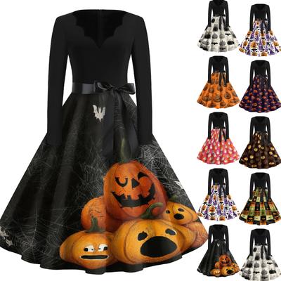 Women's Casual Halloween Printed V Neck Vintage Dress Long Sleeve Retro Fit and Flare Knee Length Dress with Belt and Halloween Pumpkin Design