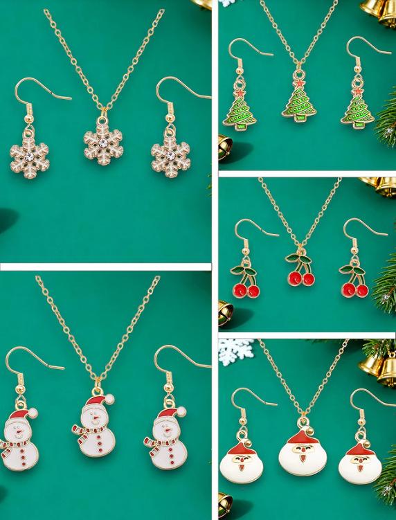 Flower Necklace and Earring Set , Sweet Christmas Jewelry , Alloy Chain 41 - 50 cm , Trendy Cute Holiday Gift set 1