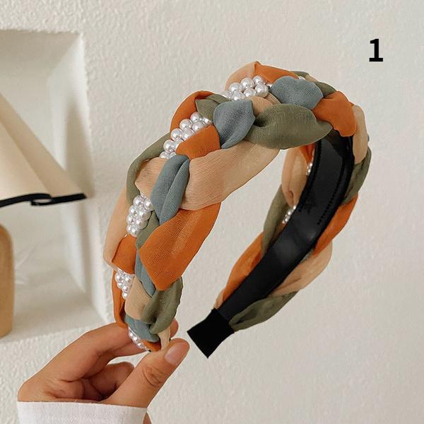 

1 шт., радужная плетеная жемчужная лента с широкими полями, модные аксессуары для волос, женская трендовая повязка для волос с твист-косой, повязка для волос для девочек