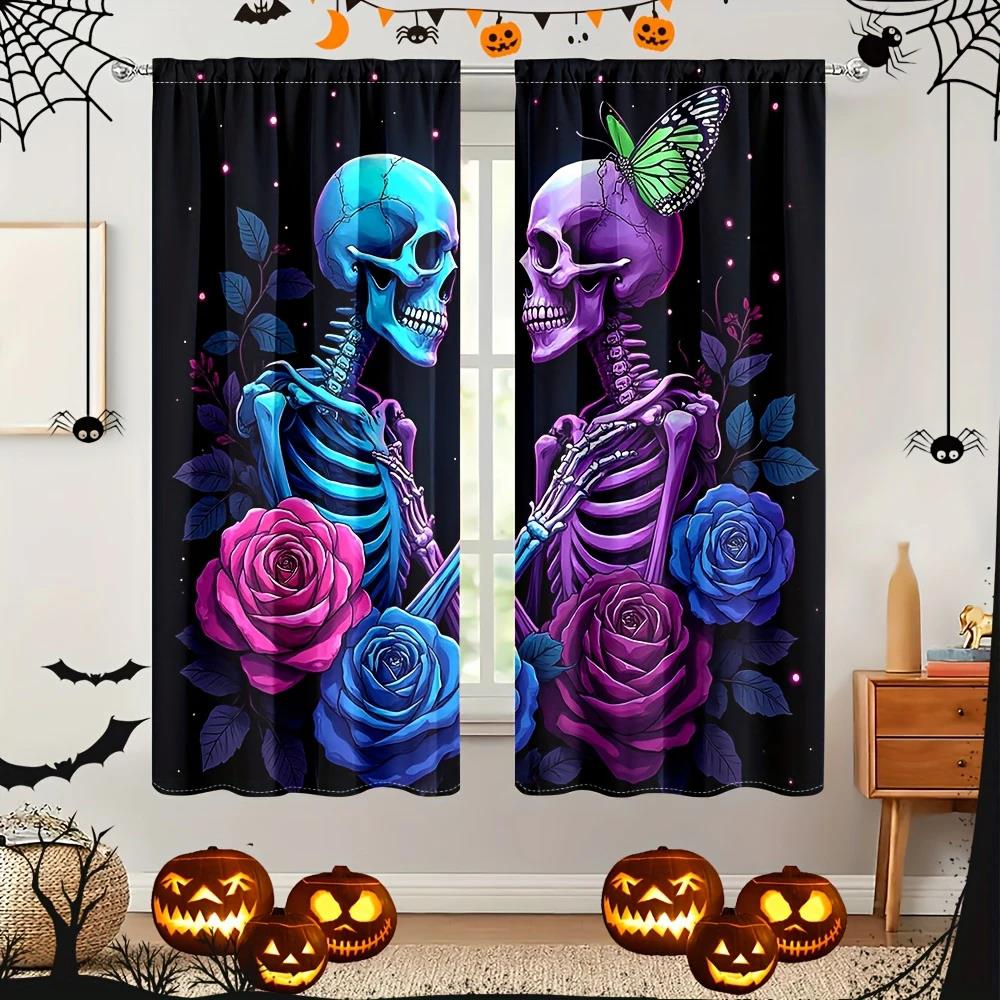 2 ST- Halloween Gotiska skelett Ros tryckta gardiner, stångficka heminredning, rumsdekorationer