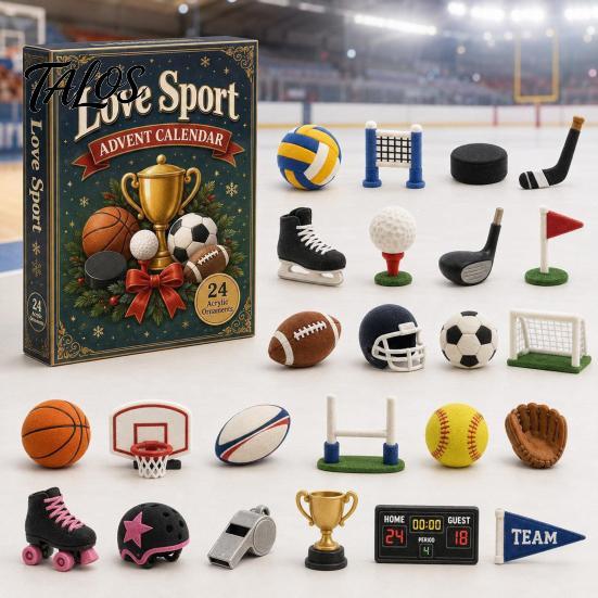 Sports Collectibles for Enthusiasts Advent Calendar 2026, 24-Day Christmas Countdown Box with Mini Durable Sport Ornaments Volleyball Golf Hockey