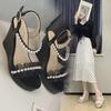 Fashion High Heels Lace Sandals for Women Ladies Shoes Wedges Heel Summer 2024 Platform Pearl Beige One Word Outdoor Wedge Waterproof F