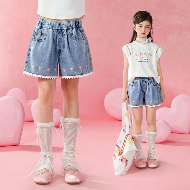 Girls Lace Heart Embroidery Denim Shorts 150cm светло-синий